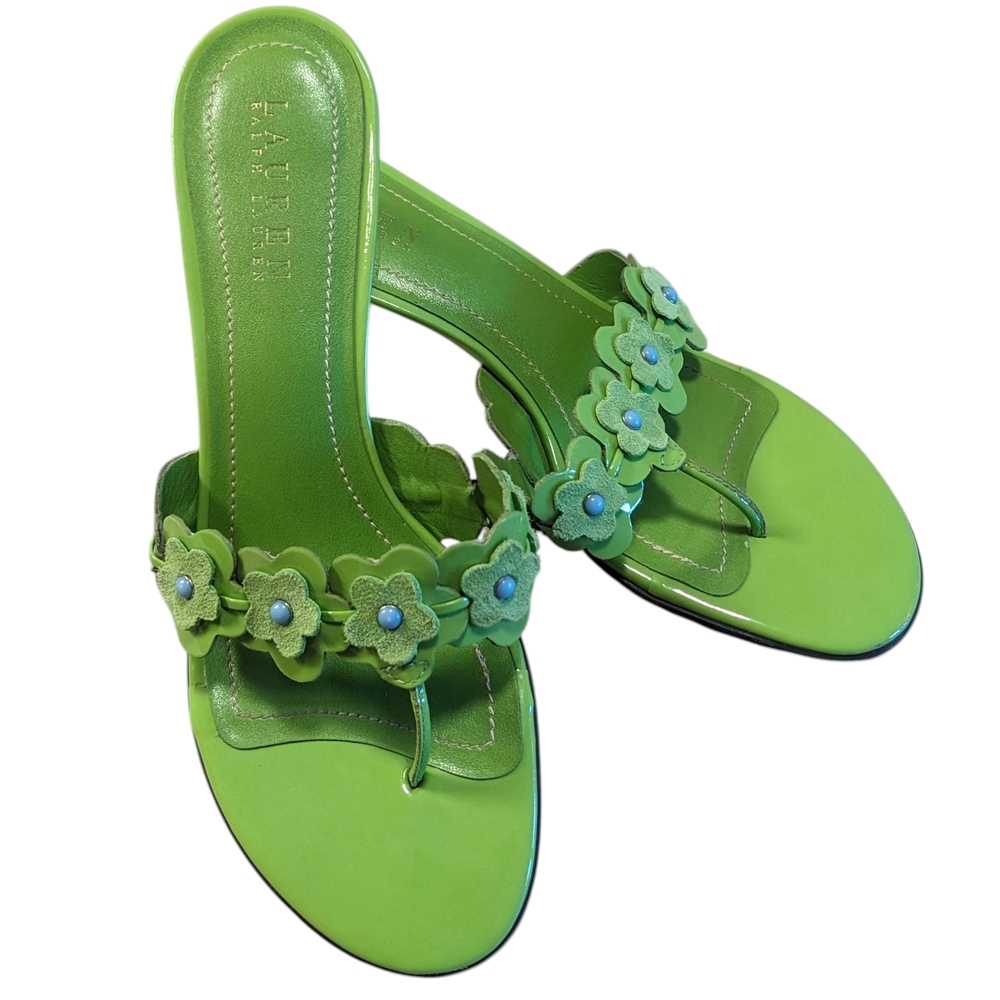 Vintage Ralph Lauren Giesela Leather Floral Thong Sandals- Size 8.5B